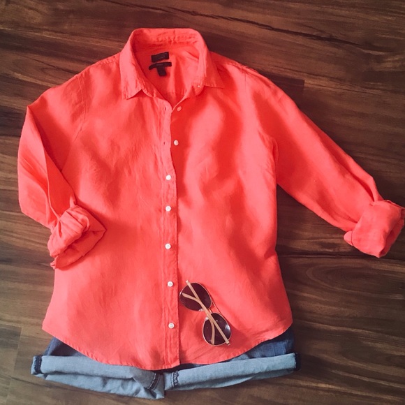 J. Crew Tops - J. Crew Button-up Orange, Irish Linen Blouse.